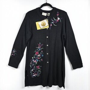 Yi Lin Floral Embroidered Cardigan Sweater Silk Blend Knit Black Woman Small NWT